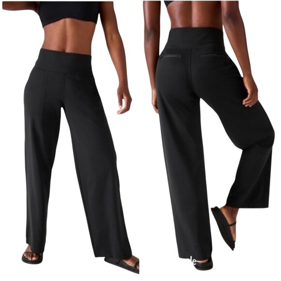 Athleta Venice Wide Leg Pants Black Pockets Zip Pocket Size L - Picture 1 of 14